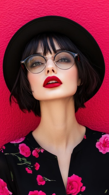 Photo the model wears a floral top and a widebrimmed hat exuding elegance and style in vibrant colors