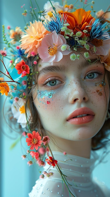 a model wears a flower hat and has a flower on her head