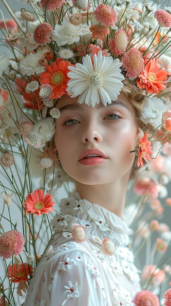 a model wears a flower hat with a floral crown