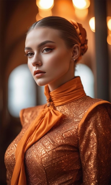 a model wears a gold dress with a gold tassel