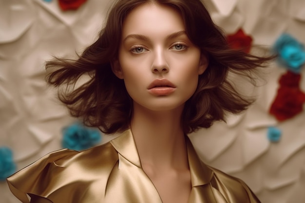 A model wears a gold sequined dress with a red flower in the background.