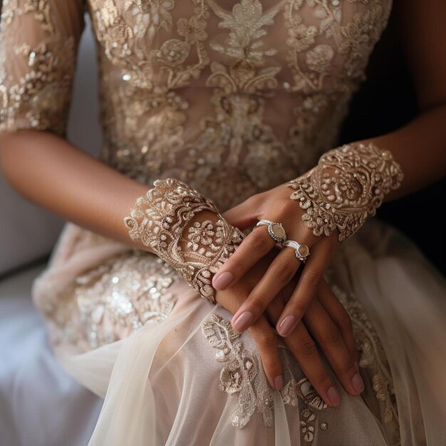 a model wears a gold and white dress with a diamond ring on the left hand