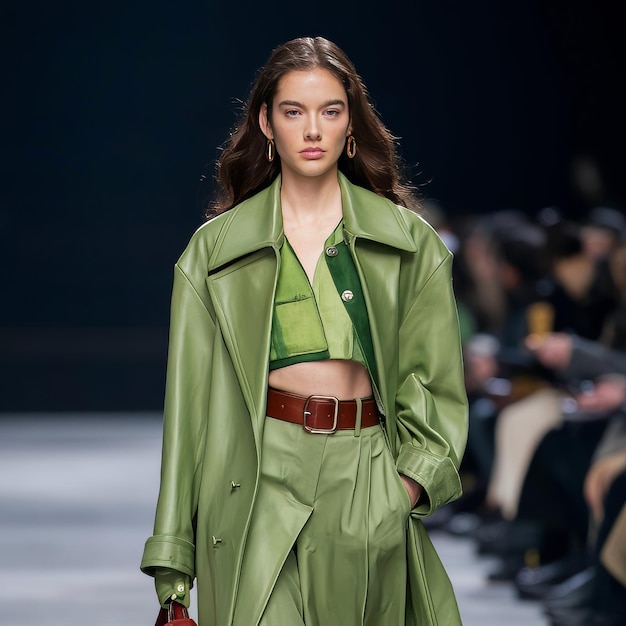 a model wears a green coat and a leather belt that says quot fashion quot