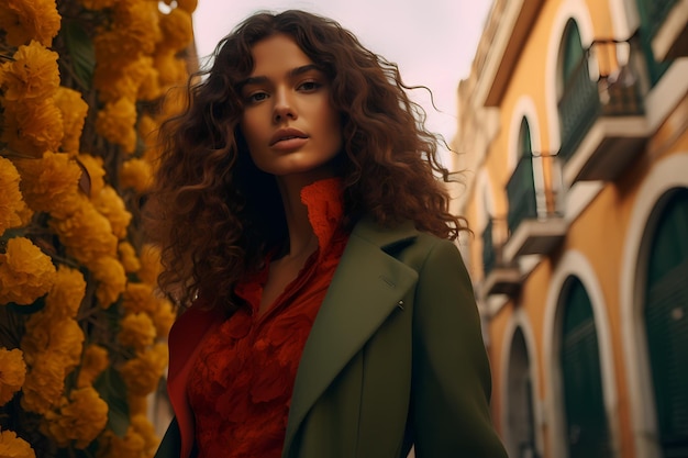 a model wears a green coat with a red scarf