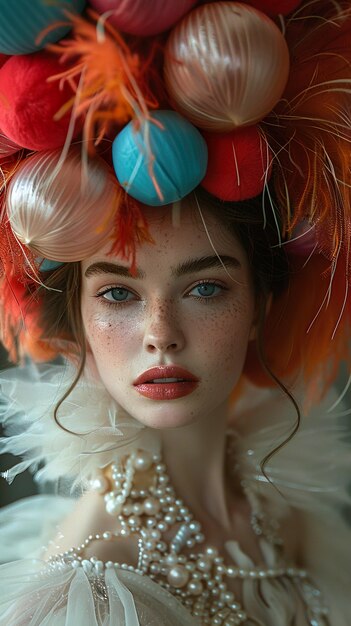 a model wears a hat with a feathered headpiece