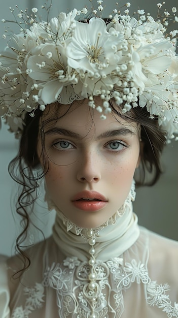 a model wears a hat with flowers on it