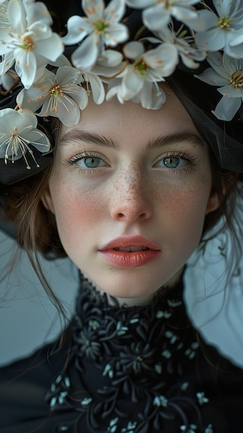 a model wears a hat with flowers on the top