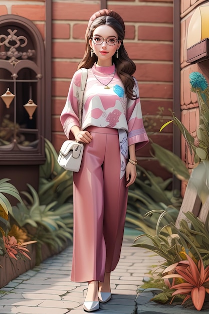 a model wears a pink outfit with a pink top and matching trousers.