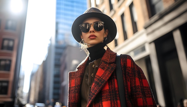 a model wears a red and black coat with a scarf and sunglasses