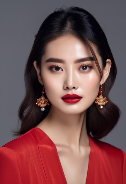 a model wears a red dress with gold earrings