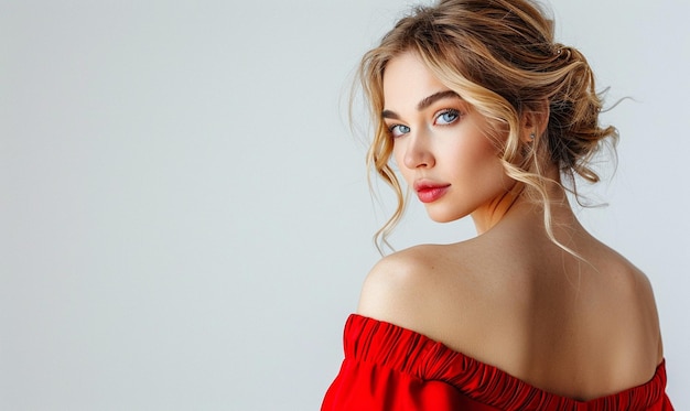 the model wears a red dress with a long neckline