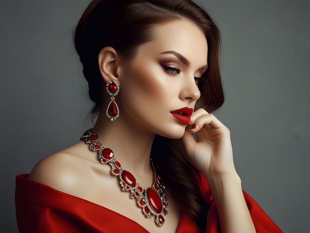 a model wears a red dress with silver and silver jewelry