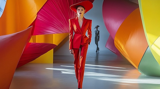 Photo a model wears a red suit with a red hat on it