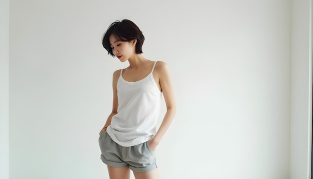 Photo a model wears a tank top with a white tank top and shorts