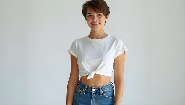 Photo a model wears a white crop top with a white top that says fashion