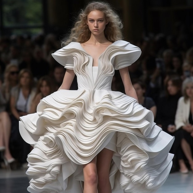 a model wears a white dress with a design on the front