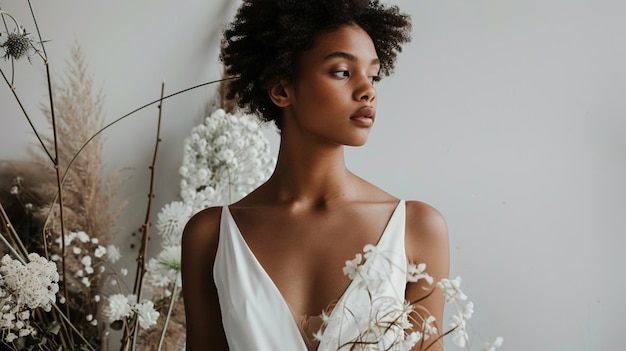 a model wears a white dress with flowers in the hair