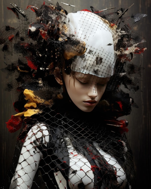 a model wears a white hat with a black net.