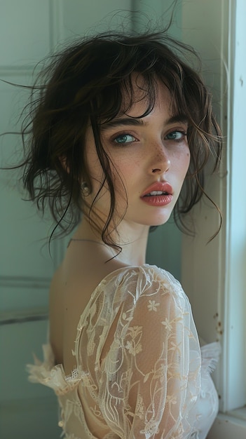 a model wears a white lace dress with a gold beaded necklace