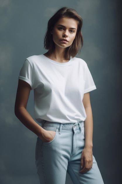 A model wears a white t - shirt and blue pants with a white t - shirt.