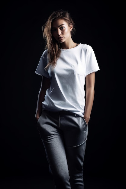 A model wears a white t - shirt with a black background.