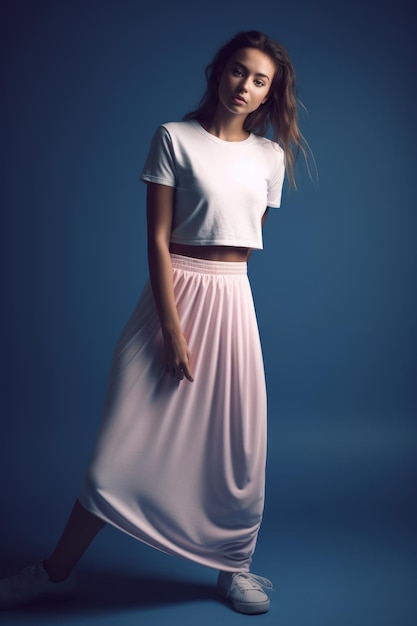 A model wears a white top and a pink skirt.