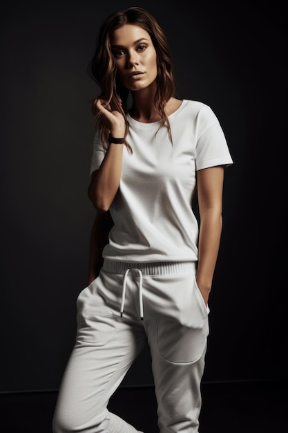 A model wears a white top and white pants with a black hat.