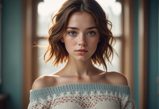 Photo a model wears a white top with a floral pattern on the front