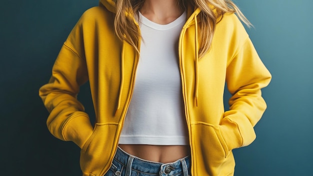 Photo a model wears a yellow jacket with a white tank top and blue jeans