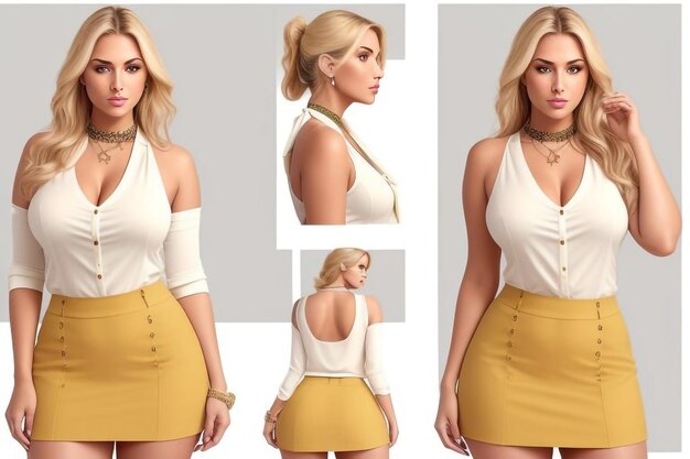 Photo the model wears a yellow skirt with a white top