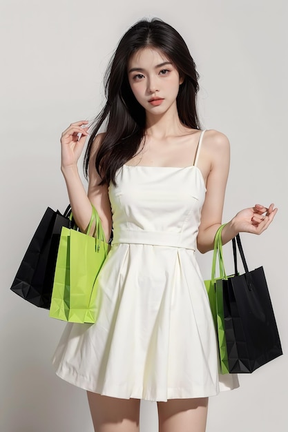 a model in a white dress with a green bag