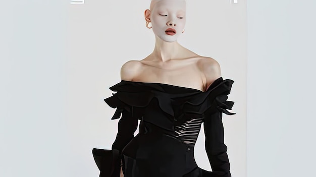 a model with a black dress and a white mask on the front