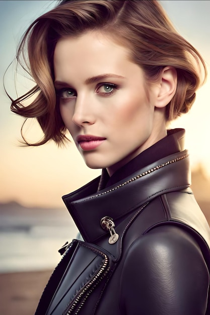 A model with a black jacket and a gold chain around her neck