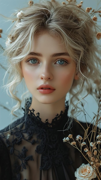 a model with blonde hair and a black dress