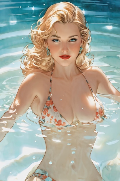 a model with blonde hair is in the water