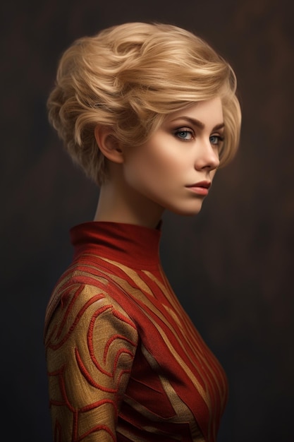 A model with blonde hair and a red shirt with a long neck.