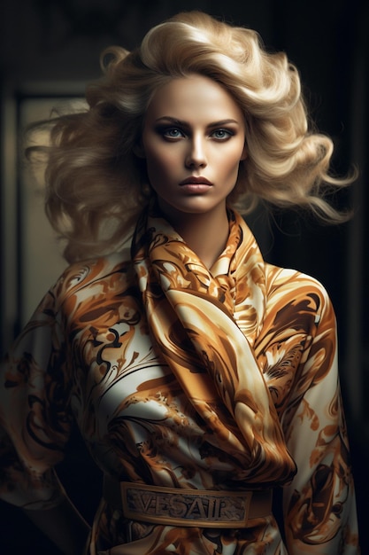 A model with blonde hair and a scarf that says " model " on it.