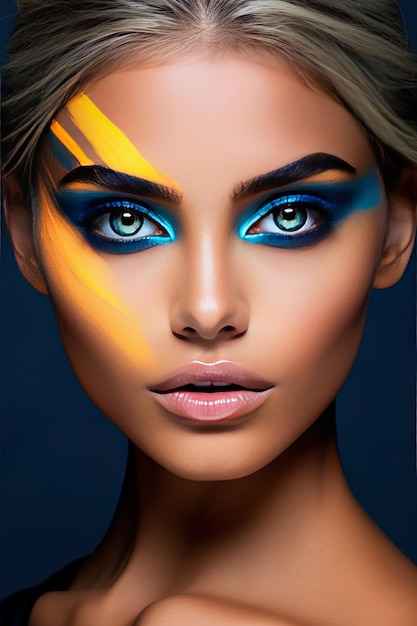 Photo a model with a blue eye and a yellow and black eye.