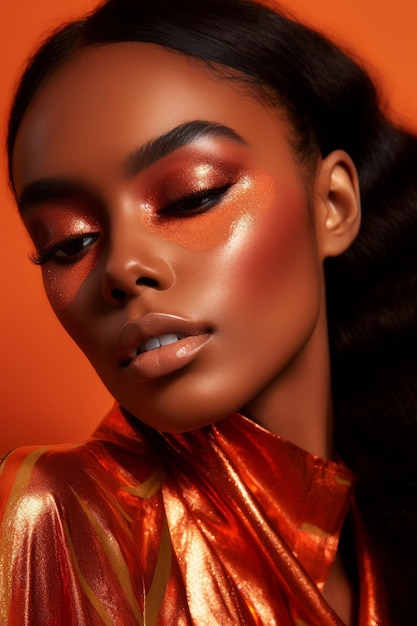 A model with a bright orange and orange skin tone