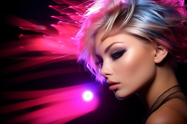 a model with a colorful hair and makeup looks into the camera nightlife beauty photography concept