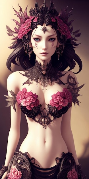 A model with flowers on her body and the bottom half of the body.