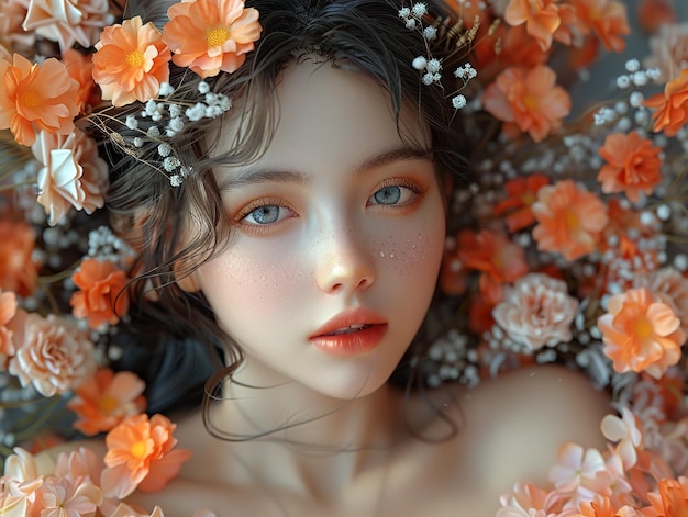 a model with flowers on her head and the hair is covered in flowers