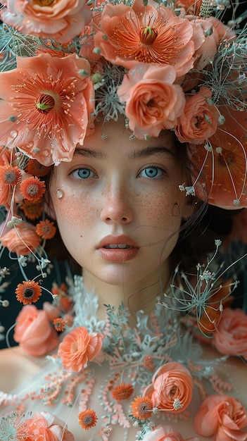 a model with flowers on her head