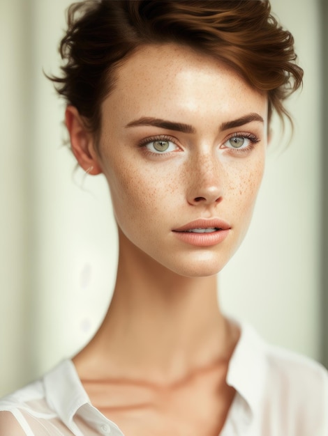 A model with freckles and freckles looks at the camera.