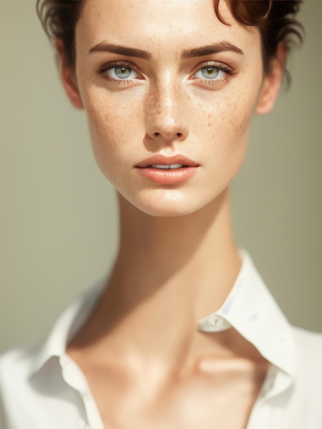 A model with freckles and freckles looks at the camera.