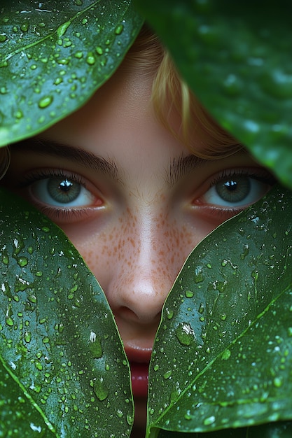 A model with freckles on her face in nature She has light eyes She is a beautiful woman