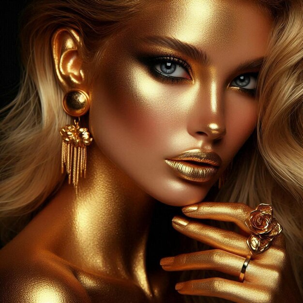 a model with gold eyes and a gold eyepiece