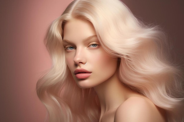 a model with long blonde hair and a pink lip.