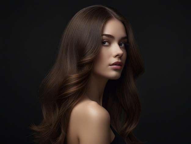 a model with long brown hair and a black background