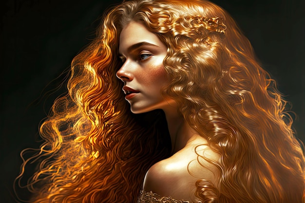 Model with long golden shiny curly hair in the back